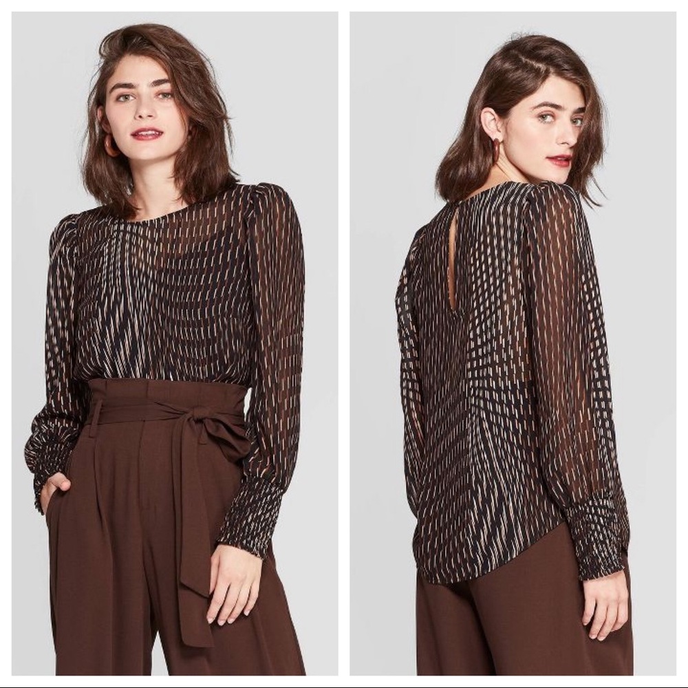 🤎 a new day | Long Sleeve Crewneck Smocked Blouse | Black Brown | Sheer | XL